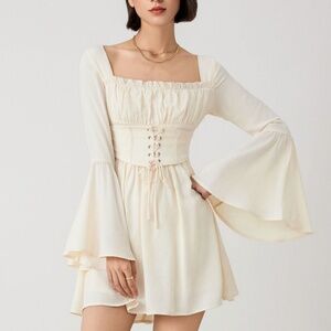 Cider Solid Ruffle Lace-Up Mini Dress - Ivory